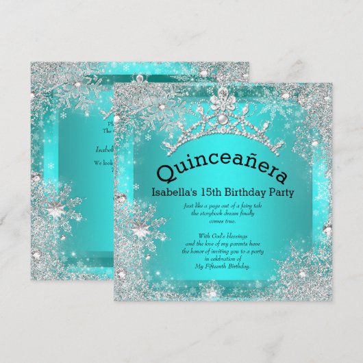 Quinceanera 15e Winter Wonderland Silver Blauwgroe Kaart (Voorkant / Achterkant)