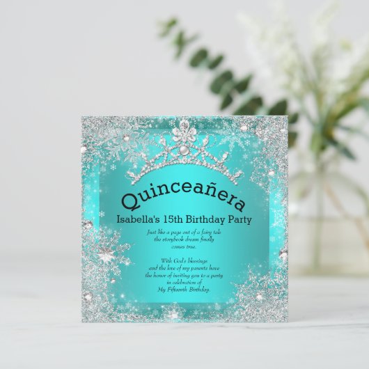 Quinceanera 15e Winter Wonderland Silver Blauwgroe Kaart (Staand voorkant)
