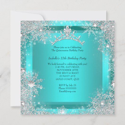 Quinceanera 15e Winter Wonderland Silver Blauwgroe Kaart (Achterkant)