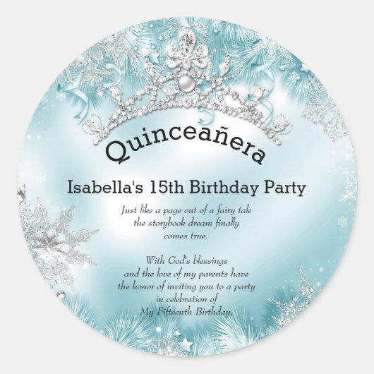 Quinceanera 15e Winter Wonderland Silver Blauwgroe Ronde Sticker (Voorkant)
