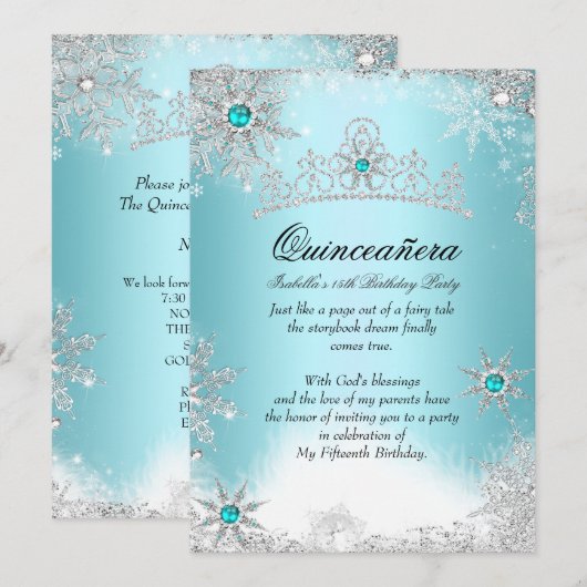 Quinceanera 15e Winter Wonderland Silver Blue 2 Kaart (Voorkant / Achterkant)