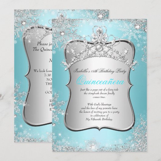 Quinceanera 15e Winter Wonderland Silver Blue 2 Kaart (Voorkant / Achterkant)