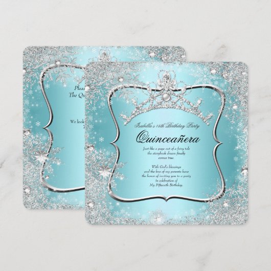 Quinceanera 15e Winter Wonderland Silver Blue Kaart (Voorkant / Achterkant)