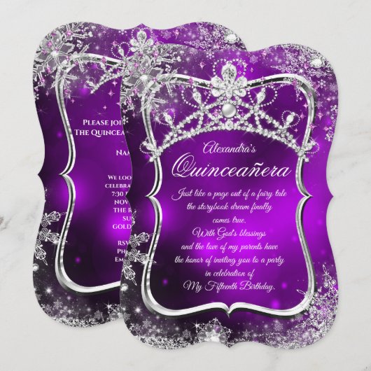 Quinceanera 15e Winter Wonderland Silver Paars Kaart (Voorkant / Achterkant)