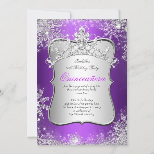 Quinceanera 15e Winter Wonderland Silver Paars Kaart (Voorkant)
