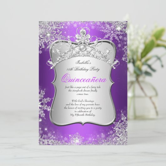 Quinceanera 15e Winter Wonderland Silver Paars Kaart (Staand voorkant)