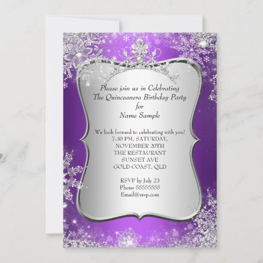 Quinceanera 15e Winter Wonderland Silver Paars Kaart (Achterkant)
