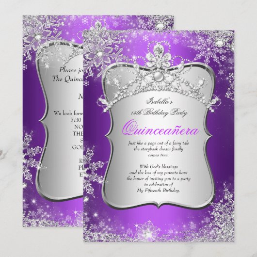 Quinceanera 15e Winter Wonderland Silver Paars Kaart (Voorkant / Achterkant)