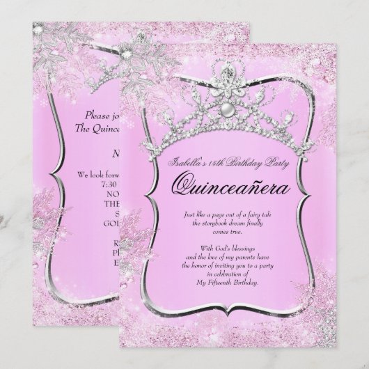 Quinceanera 15e Winter Wonderland Silver Pink Kaart (Voorkant / Achterkant)