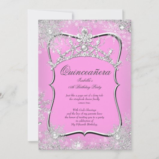 Quinceanera 15e Winter Wonderland Silver Pink Kaart (Voorkant)