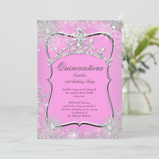 Quinceanera 15e Winter Wonderland Silver Pink Kaart (Staand voorkant)