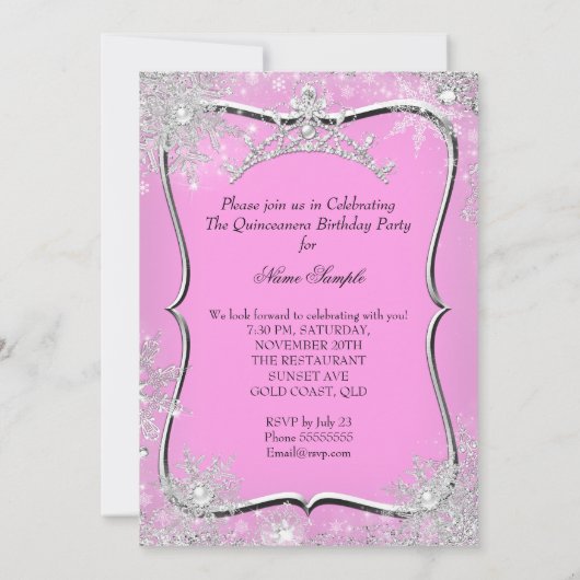 Quinceanera 15e Winter Wonderland Silver Pink Kaart (Achterkant)