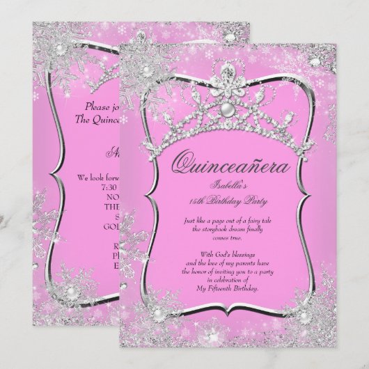 Quinceanera 15e Winter Wonderland Silver Pink Kaart (Voorkant / Achterkant)