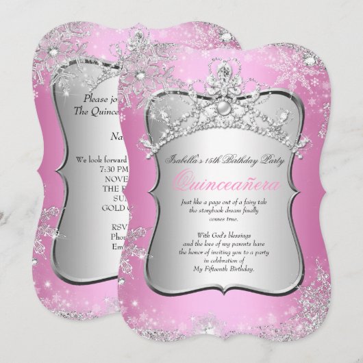Quinceanera 15e Winter Wonderland Silver Pink Kaart (Voorkant / Achterkant)