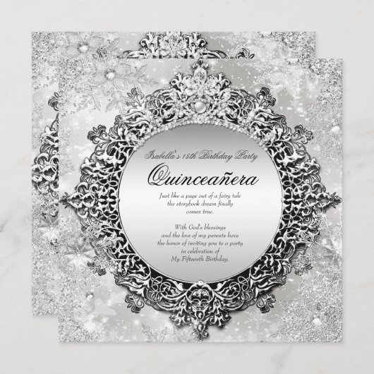 Quinceanera 15e Winter Wonderland Silver White Kaart (Voorkant / Achterkant)