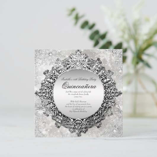 Quinceanera 15e Winter Wonderland Silver White Kaart (Staand voorkant)