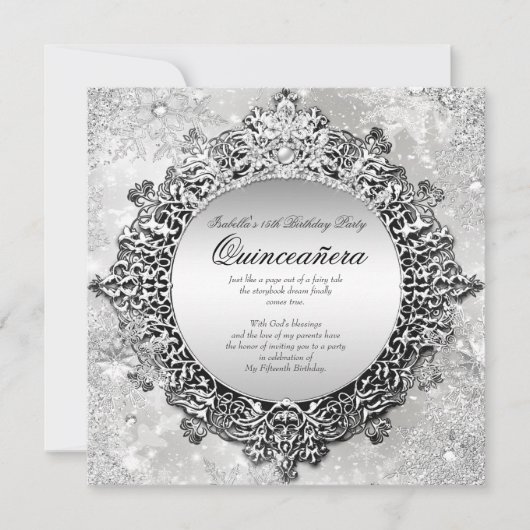 Quinceanera 15e Winter Wonderland Silver White Kaart (Voorkant)