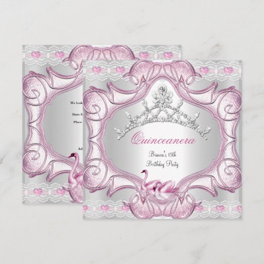 Quinceanera 15e witte roze zwanen Tiara Kaart (Voorkant / Achterkant)