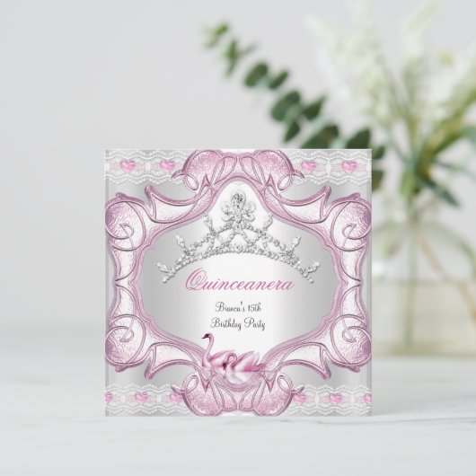 Quinceanera 15e witte roze zwanen Tiara Kaart (Staand voorkant)