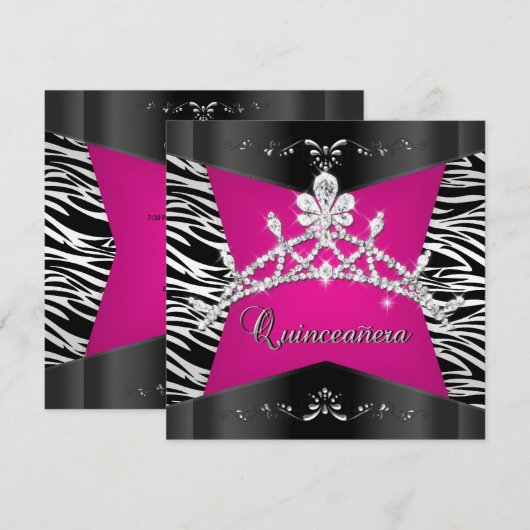 Quinceanera 15e Zebra roze zwarte zilver Tiara Kaart (Voorkant / Achterkant)