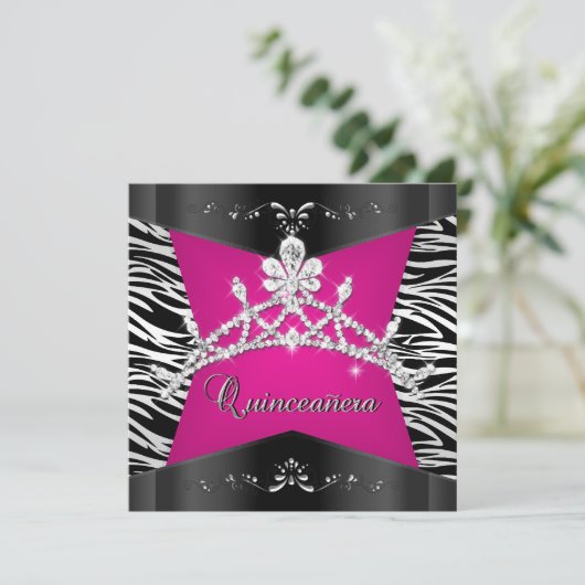 Quinceanera 15e Zebra roze zwarte zilver Tiara Kaart (Staand voorkant)