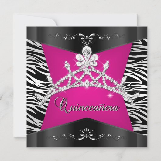 Quinceanera 15e Zebra roze zwarte zilver Tiara Kaart (Voorkant)