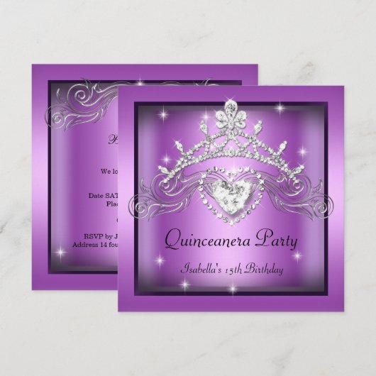Quinceanera 15e Zilver Paars Tiara Kaart (Voorkant / Achterkant)