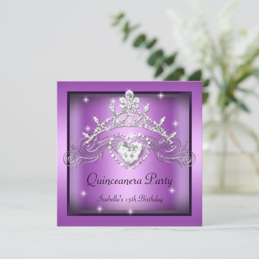 Quinceanera 15e Zilver Paars Tiara Kaart (Staand voorkant)