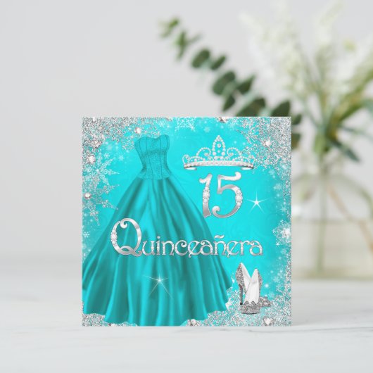 Quinceanera 15th Aqua Silver Snowflakes Party 2 Kaart (Staand voorkant)