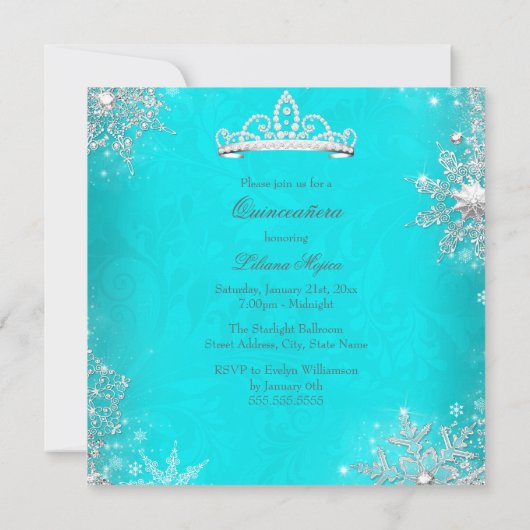 Quinceanera 15th Aqua Silver Snowflakes Party 2 Kaart (Achterkant)