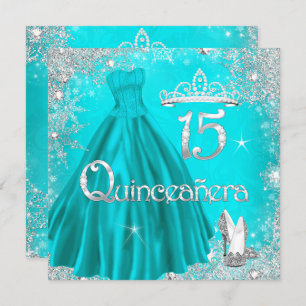 Quinceanera 15th Aqua Silver Snowflakes Party 2 Kaart