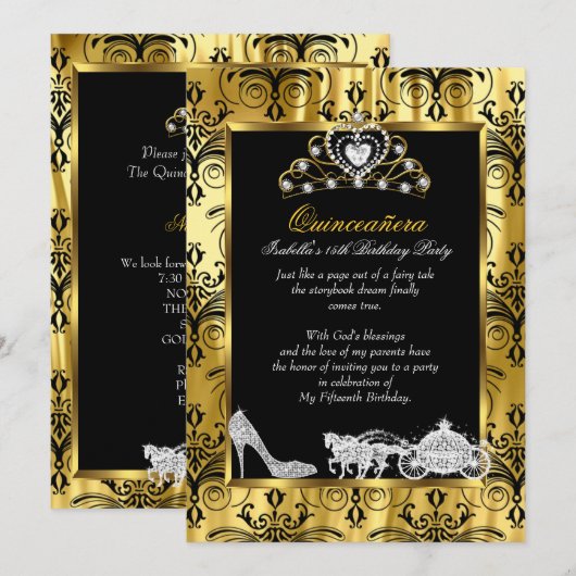 Quinceanera 15th Birthday Black Gold Damask 2 Kaart (Voorkant / Achterkant)