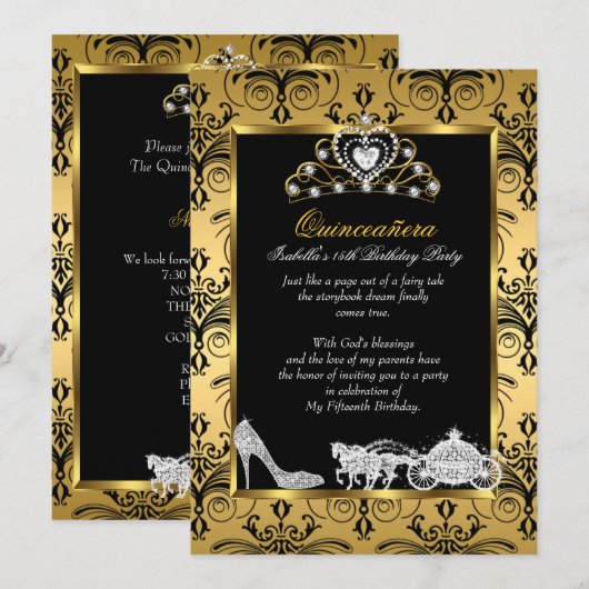 Quinceanera 15th Birthday Black Gold Damask Kaart (Voorkant / Achterkant)