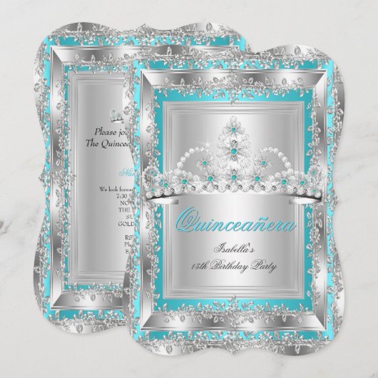 Quinceanera 15th Birthday Blauwgroen Blue Silver T Kaart (Voorkant / Achterkant)