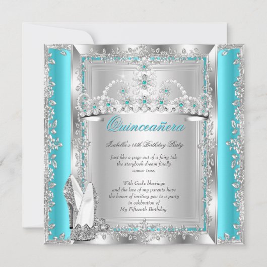 Quinceanera 15th Birthday Blauwgroen Blue Silver T Kaart (Voorkant)