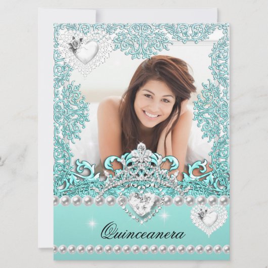 Quinceanera 15th Birthday Blauwgroen Blue Silver W Kaart (Voorkant)