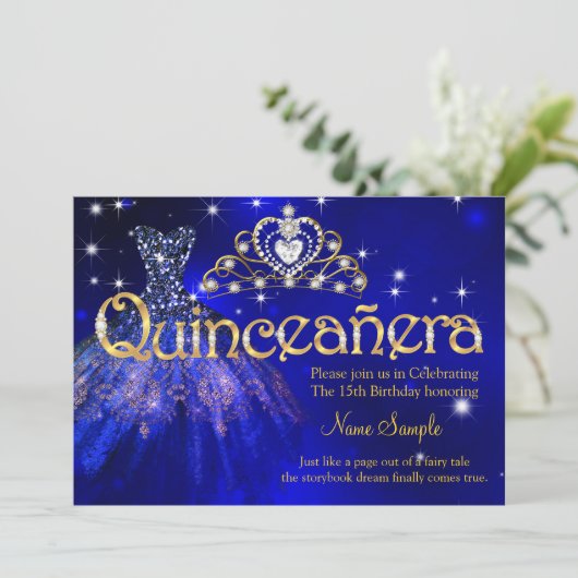 Quinceanera 15th Birthday Dark Blue Dress Tiara Kaart (Staand voorkant)