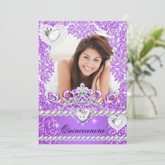 Quinceanera 15th Birthday Hot Paars Silver White Kaart (Staand voorkant)