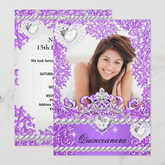 Quinceanera 15th Birthday Hot Paars Silver White Kaart (Voorkant / Achterkant)