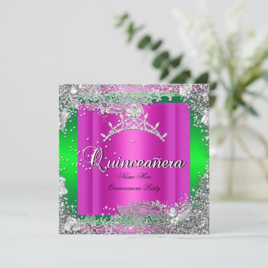 Quinceanera 15th Birthday Hot Pink Limoen Tiara Kaart (Staand voorkant)