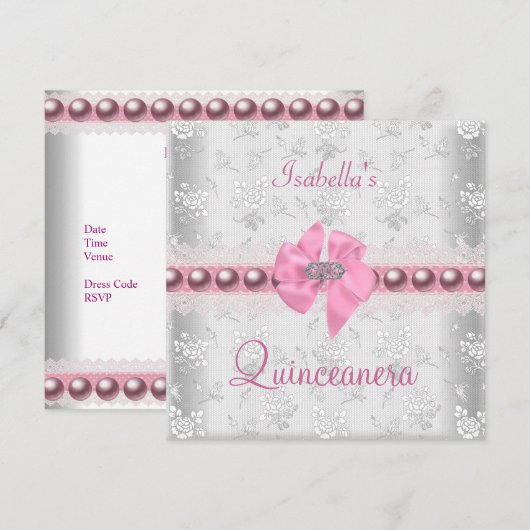 Quinceanera 15th Birthday  Lace Pink Bow Kaart (Voorkant / Achterkant)