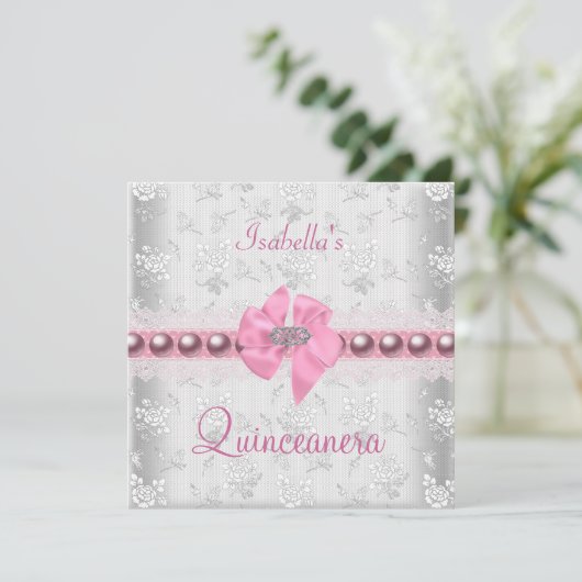 Quinceanera 15th Birthday  Lace Pink Bow Kaart (Staand voorkant)
