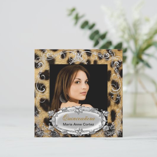 Quinceañera 15th Birthday Leopard Black Brown Kaart (Staand voorkant)