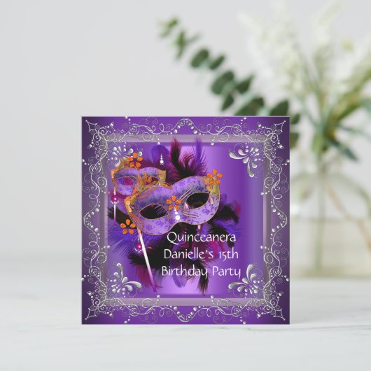 Quinceanera 15th Birthday Masquerade Mask Paars Kaart (Staand voorkant)