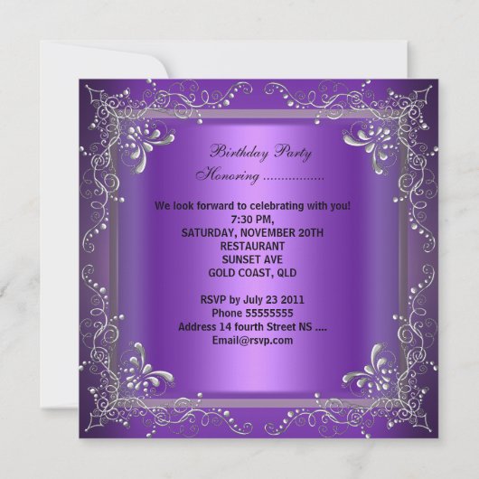 Quinceanera 15th Birthday Masquerade Mask Paars Kaart (Achterkant)