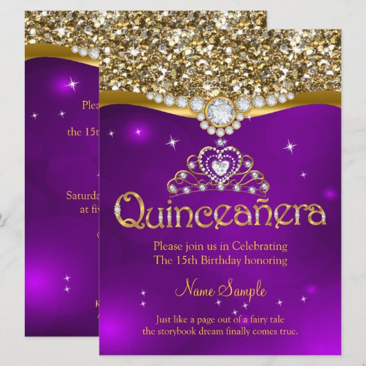 Quinceanera 15th Birthday Paars Glitter Gold Kaart (Voorkant / Achterkant)