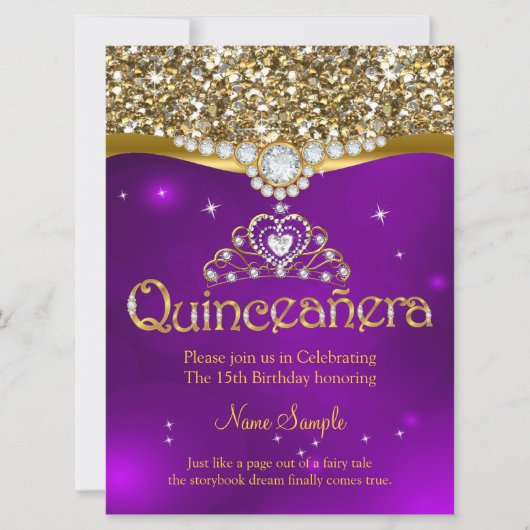 Quinceanera 15th Birthday Paars Glitter Gold Kaart (Voorkant)