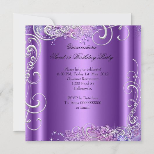 Quinceañera 15th Birthday Paars Glitter look Kaart (Achterkant)