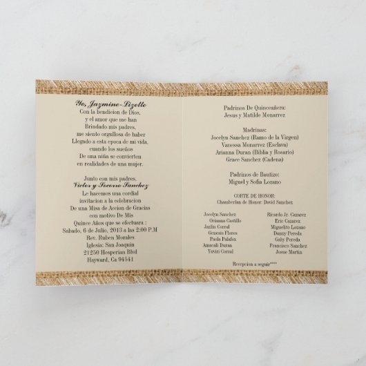 Quinceanera 15th Birthday Party beige lace Burlap (Binnen)