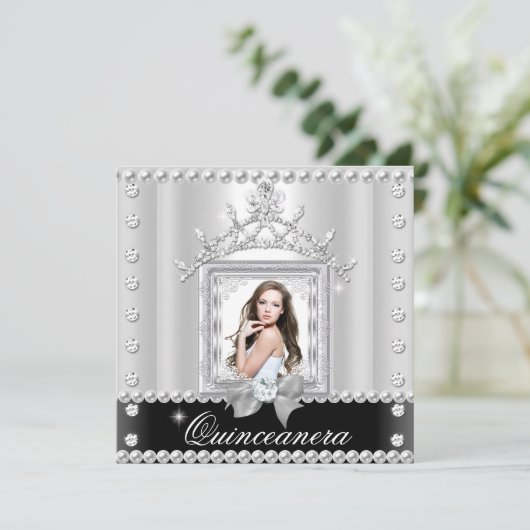 Quinceanera 15th Birthday Party Black White Kaart (Staand voorkant)